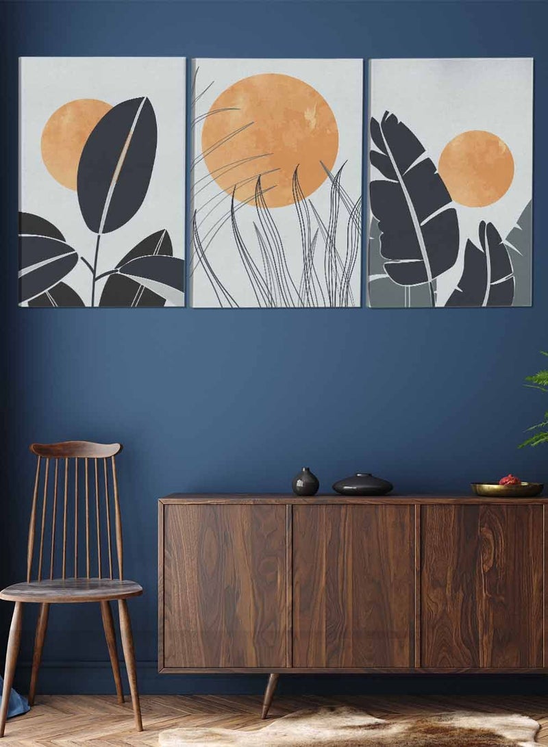 لوحة طقم من ٣ لوحات كانفاس على إطار خشبي تصميم أوراق نباتية ودوائر للمنزل غرفة المعيشة المكتب الديكور - Image 2