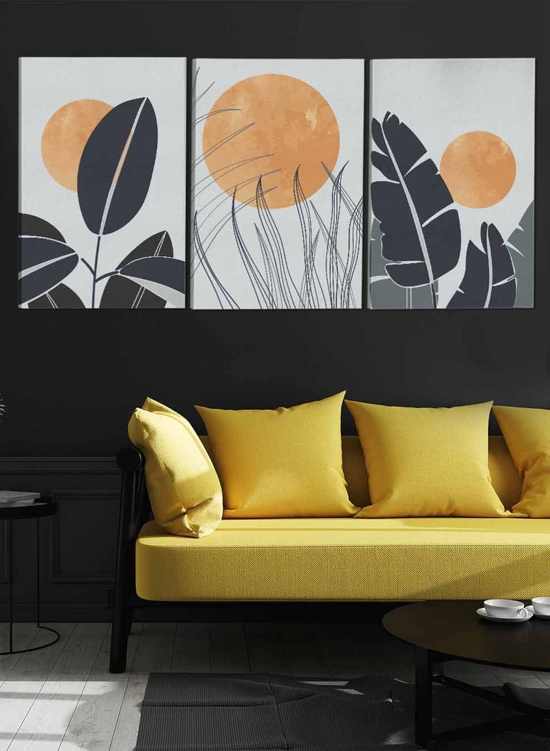 لوحة طقم من ٣ لوحات كانفاس على إطار خشبي تصميم أوراق نباتية ودوائر للمنزل غرفة المعيشة المكتب الديكور - Image 3