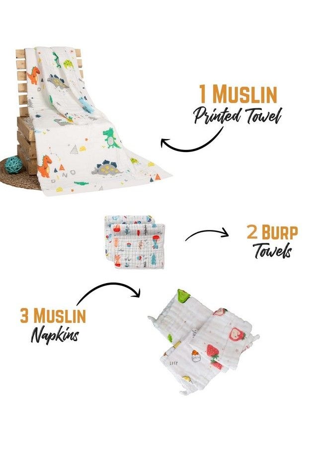 MOM'S HOME Baby Super Soft Absorbent Muslin 6 Layer Wash Towel 60X120 Cm(03 Years) Printed And Pack Of 3 Napkin And 2 Burp Cloth  - Image 3
