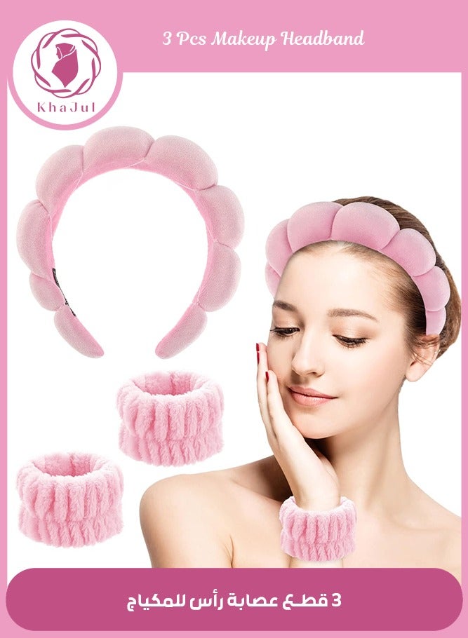 KHAJUL 3PCS Sponge Headband Wristband Sets for Washing Face, Makeup Headbands for Women Girls, Skincare Makeup Removal, Wash Spa Yoga Sports, Shower Head Band Terry Towel Cloth Hair Band (Pink)  - Image 1