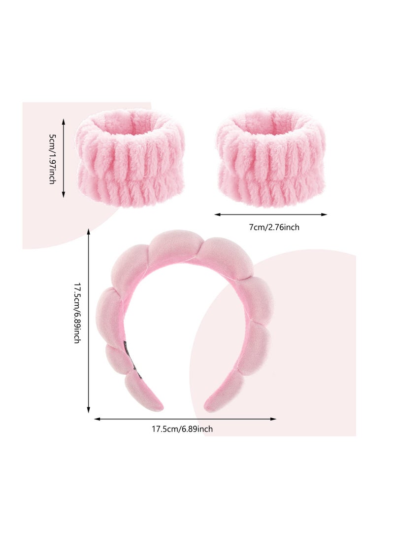 KHAJUL 3PCS Sponge Headband Wristband Sets for Washing Face, Makeup Headbands for Women Girls, Skincare Makeup Removal, Wash Spa Yoga Sports, Shower Head Band Terry Towel Cloth Hair Band (Pink)  - Image 2