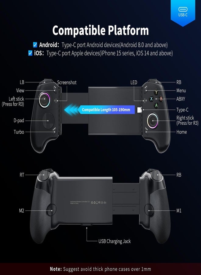 AceGamer وحدة تحكم الألعاب المحمولة AceGamer لسلسلة iPhone 15 / Android (USB-C)، وحدة تحكم هاتف قابلة للتوصيل والتشغيل مع عصي تحكم بتأثير هول/زناد، توربو/قابلة للبرمجة، جهاز تحكم عن بعد لوحدات التحكم، ألعاب سحابية - Image 2
