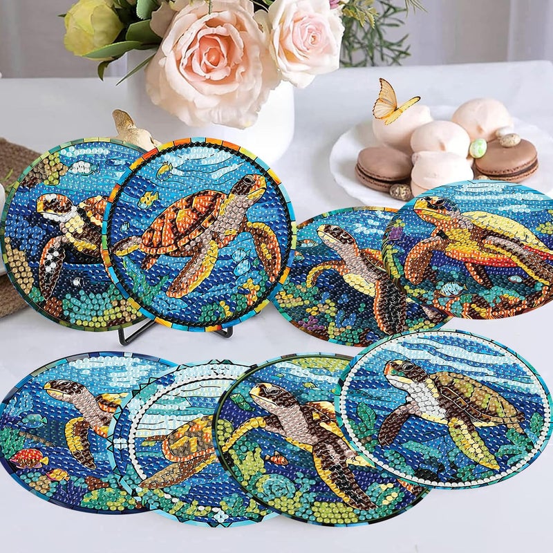 mrpwnle 8 Pack Turtle Diamond Art Coasters Kits, Sea Turtle Diamond Painting Coasters Kits Set with Holder Cork Pads, DIY Diamonds Art Non Slip Coaster Crafts Supplies Kit - Image 3