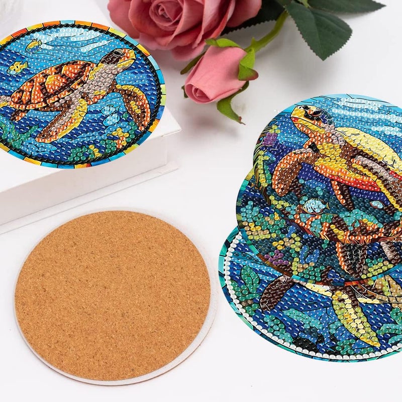 mrpwnle 8 Pack Turtle Diamond Art Coasters Kits, Sea Turtle Diamond Painting Coasters Kits Set with Holder Cork Pads, DIY Diamonds Art Non Slip Coaster Crafts Supplies Kit - Image 5