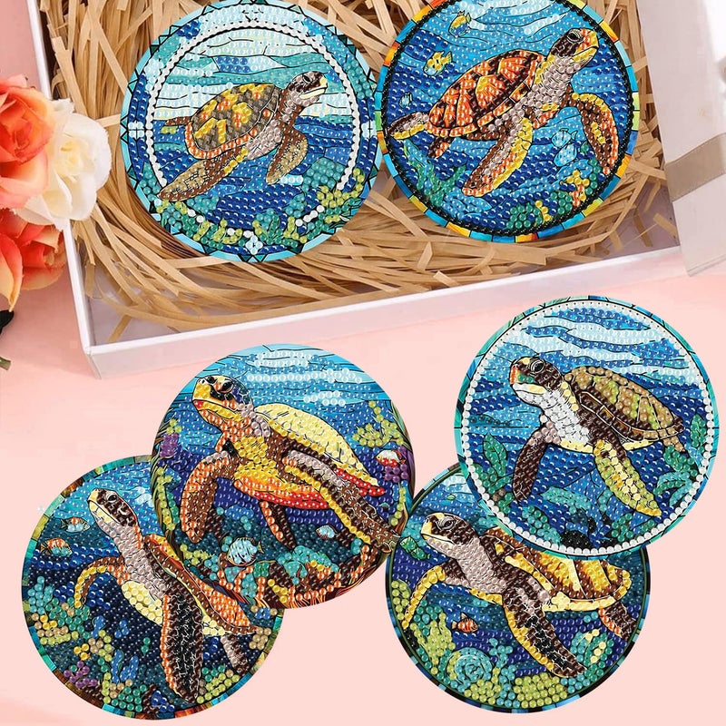 mrpwnle 8 Pack Turtle Diamond Art Coasters Kits, Sea Turtle Diamond Painting Coasters Kits Set with Holder Cork Pads, DIY Diamonds Art Non Slip Coaster Crafts Supplies Kit - Image 4