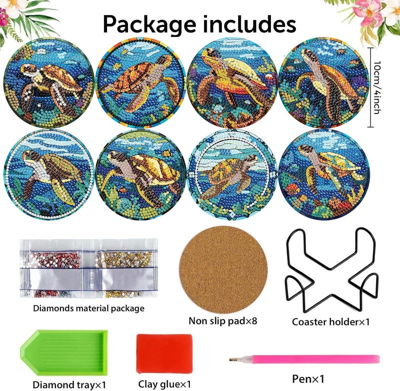 mrpwnle 8 Pack Turtle Diamond Art Coasters Kits, Sea Turtle Diamond Painting Coasters Kits Set with Holder Cork Pads, DIY Diamonds Art Non Slip Coaster Crafts Supplies Kit - Image 2
