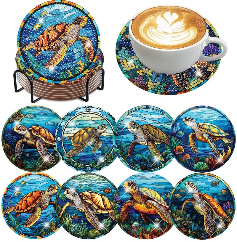mrpwnle 8 Pack Turtle Diamond Art Coasters Kits, Sea Turtle Diamond Painting Coasters Kits Set with Holder Cork Pads, DIY Diamonds Art Non Slip Coaster Crafts Supplies Kit - Image 1