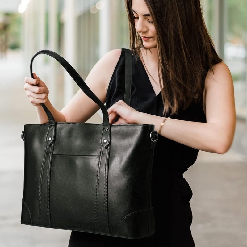 S-ZONE Leather Tote Bag for Women Office Shoulder Handbag 15.6 Inch Work Laptop Briefcase - Image 2