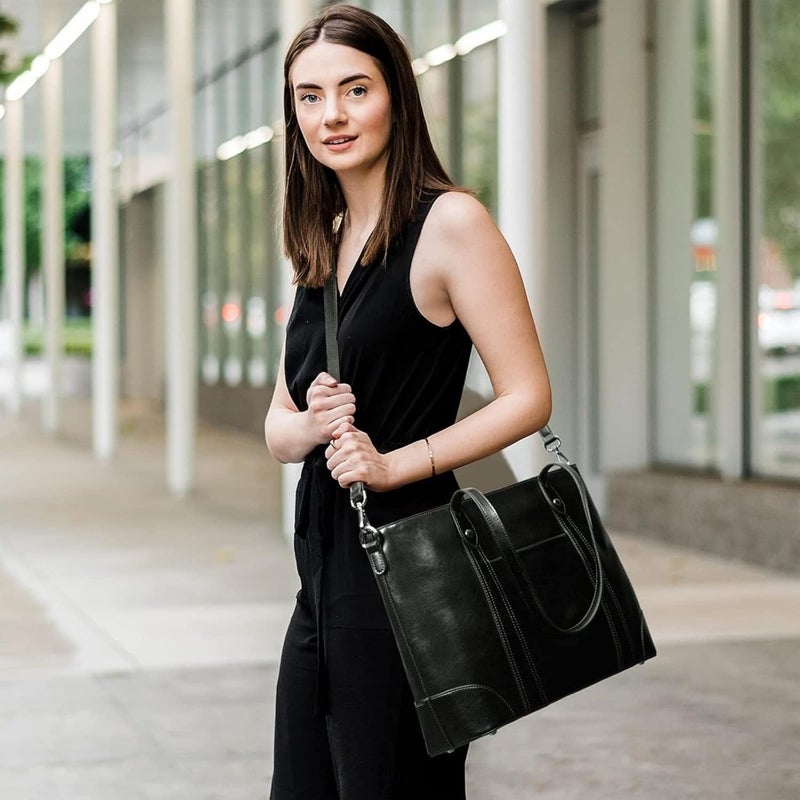 S-ZONE Leather Tote Bag for Women Office Shoulder Handbag 15.6 Inch Work Laptop Briefcase - Image 3