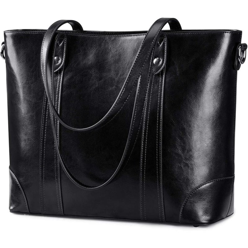S-ZONE Leather Tote Bag for Women Office Shoulder Handbag 15.6 Inch Work Laptop Briefcase - Image 1