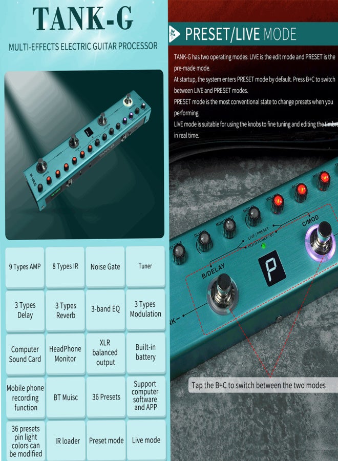 M-VAVE Tank-G Guitar Multi-Effects Pedal Rechargeable 36 presets 9 preamp slots 8 IR speaker slots 3 modulation/delay/reverb effects (for guitar) - Image 2
