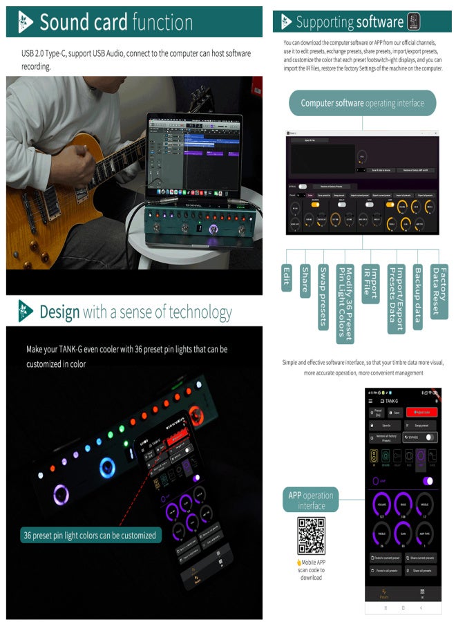 M-VAVE Tank-G Guitar Multi-Effects Pedal Rechargeable 36 presets 9 preamp slots 8 IR speaker slots 3 modulation/delay/reverb effects (for guitar) - Image 4