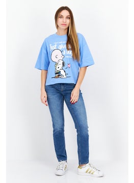 Peanuts Women Crew Neck Short Sleeve Graphic Print T-Shirt, Blue  - Image 2