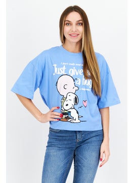 Peanuts Women Crew Neck Short Sleeve Graphic Print T-Shirt, Blue  - Image 1