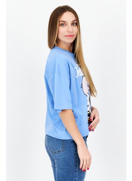 Peanuts Women Crew Neck Short Sleeve Graphic Print T-Shirt, Blue  - Image 3