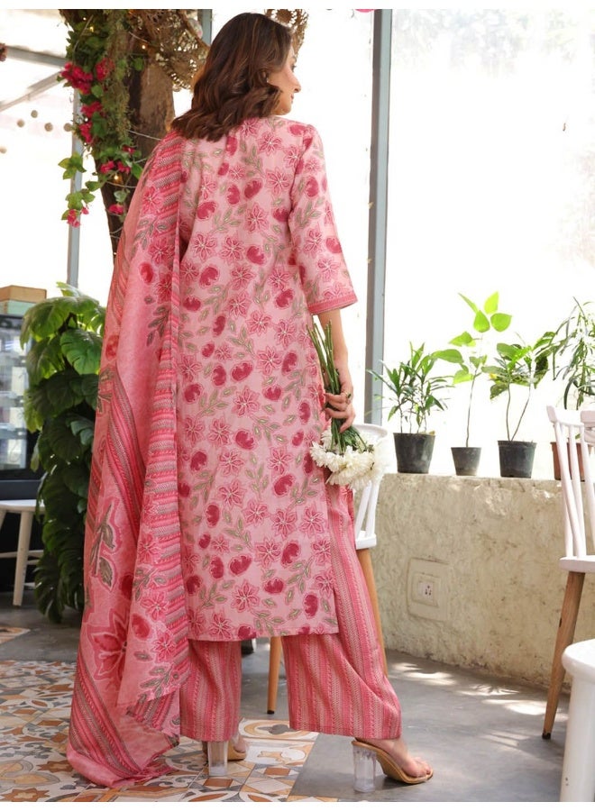 AKS Couture Floral Printed Keyhole Neck Three-Quarter Sleeves Kurta Set - Image 4