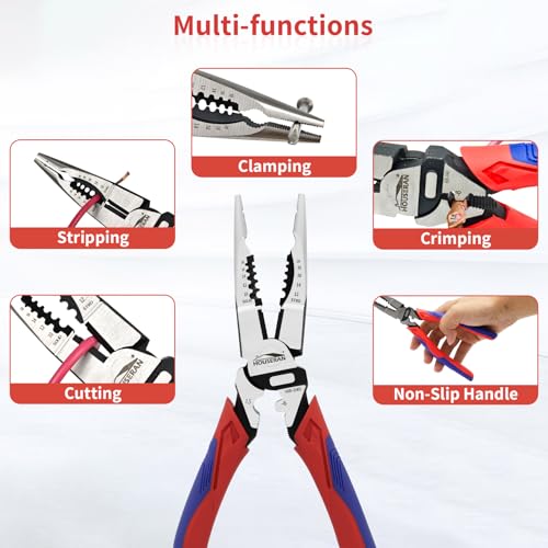 HOUSERAN Needle Nose Pliers, Long Needle Nose Pliers with Wire Stripper and Crimper, 8.4 Inch Long Lose Pliers, 5-in-1 Needle Nose for Bending, Crimping, and Stripping - Image 3