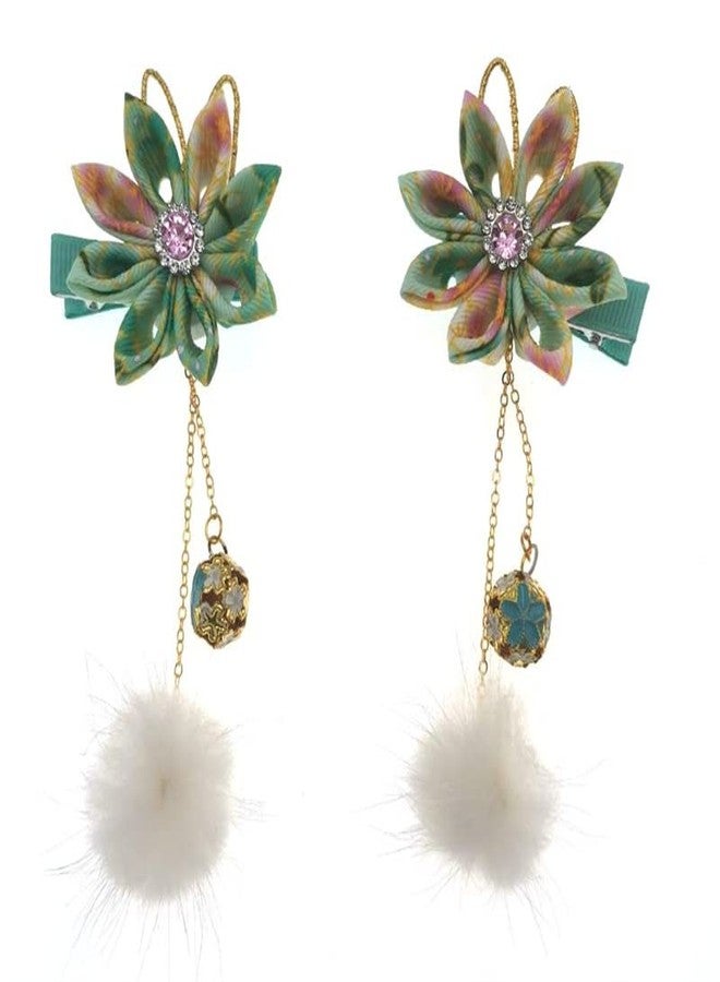 MIAO WU 1pair Classical Hair Clips Floral Pompom Tassel Hair Clip Vintage Hair Pin Hanfu Hair Barrette Hair Accessories for Women Girls Ladies (Green) - Image 2