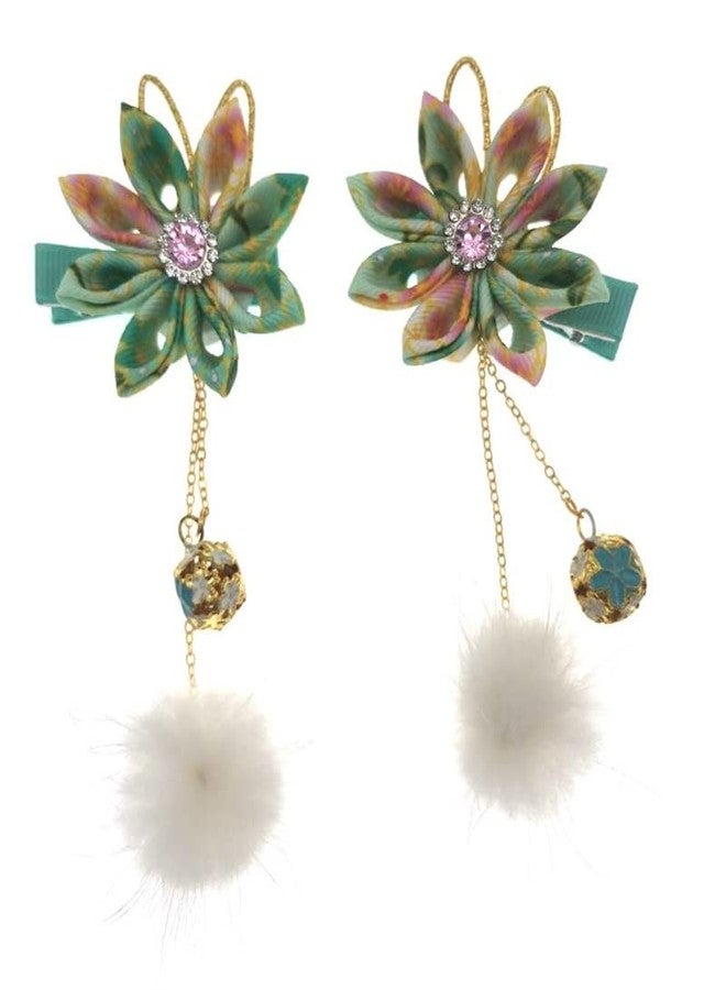 MIAO WU 1pair Classical Hair Clips Floral Pompom Tassel Hair Clip Vintage Hair Pin Hanfu Hair Barrette Hair Accessories for Women Girls Ladies (Green) - Image 1