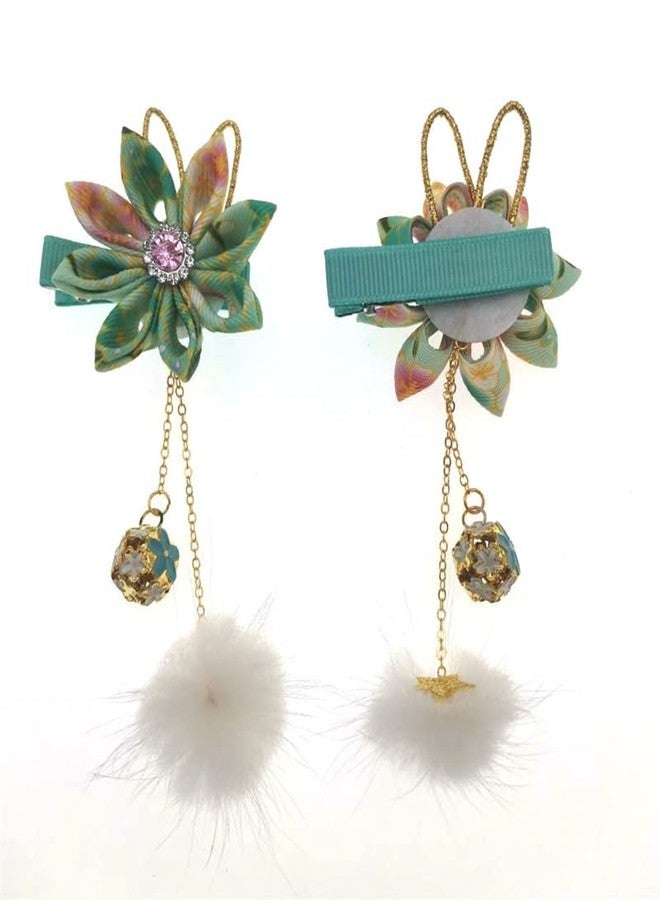 MIAO WU 1pair Classical Hair Clips Floral Pompom Tassel Hair Clip Vintage Hair Pin Hanfu Hair Barrette Hair Accessories for Women Girls Ladies (Green) - Image 5