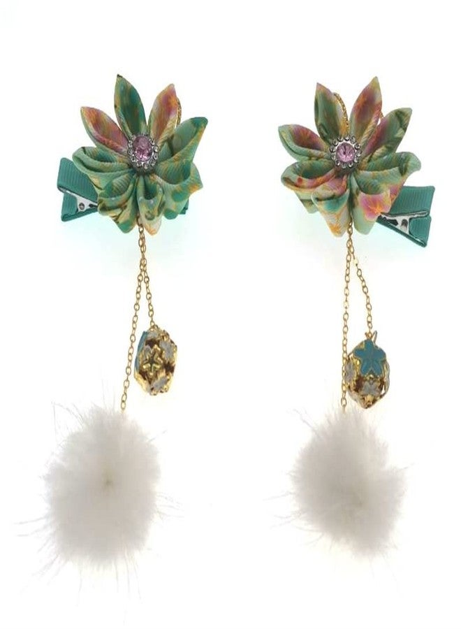 MIAO WU 1pair Classical Hair Clips Floral Pompom Tassel Hair Clip Vintage Hair Pin Hanfu Hair Barrette Hair Accessories for Women Girls Ladies (Green) - Image 3