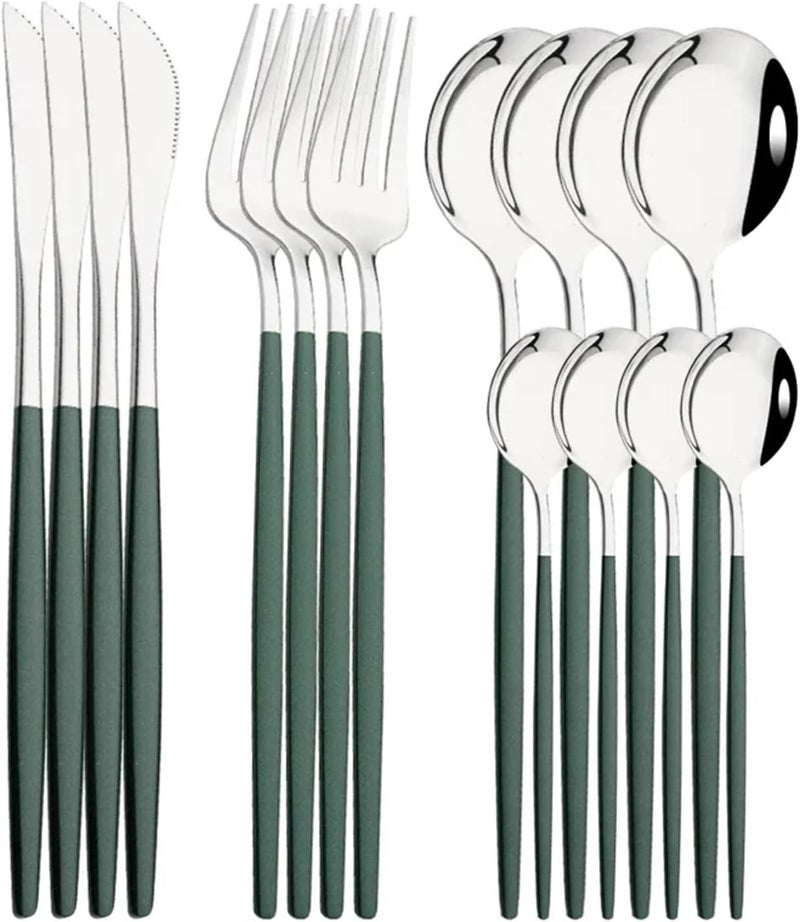 16Pcs Blue Silver Dinnerware Stainless Steel Cutlery Set Knife Fork Tea Spoon Dinner Flatware Kitchen Silverware Tableware(Green Silver) - Image 1