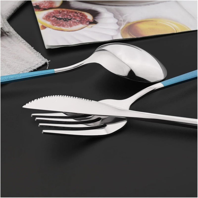 16Pcs Blue Silver Dinnerware Stainless Steel Cutlery Set Knife Fork Tea Spoon Dinner Flatware Kitchen Silverware Tableware(Green Silver) - Image 4