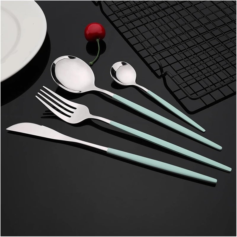 16Pcs Blue Silver Dinnerware Stainless Steel Cutlery Set Knife Fork Tea Spoon Dinner Flatware Kitchen Silverware Tableware(Green Silver) - Image 3