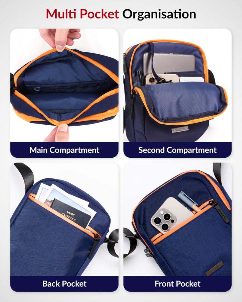 Destinio Padded Sling Bag for Men & Women | Side Shoulder Pouch | Crossbody Bag for Travel Use | Organizer for Mobile, Passport & Cash | Water Resistant Zipper, Internal Key Holder, Anti-Theft (Blue) - Image 3