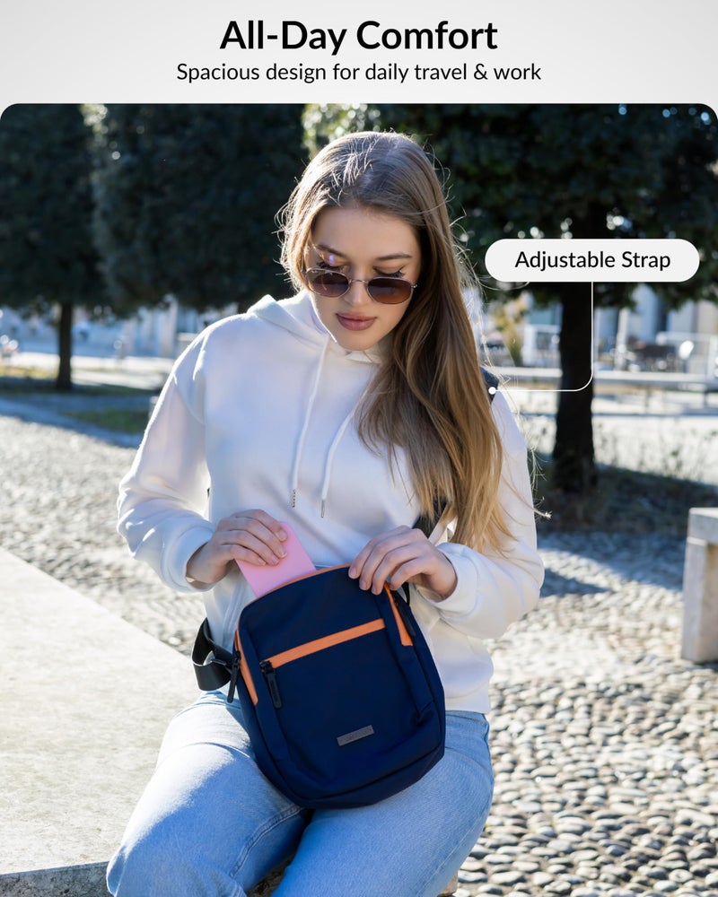 Destinio Padded Sling Bag for Men & Women | Side Shoulder Pouch | Crossbody Bag for Travel Use | Organizer for Mobile, Passport & Cash | Water Resistant Zipper, Internal Key Holder, Anti-Theft (Blue) - Image 2