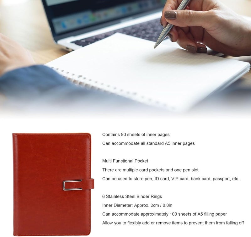 LiebeWH Binder 6 Rings 0.8 inch A5 PU Leather with 80 Sheets Paper Multi Purpose Magnetic Closure Refillable Notebook Binder - Image 5