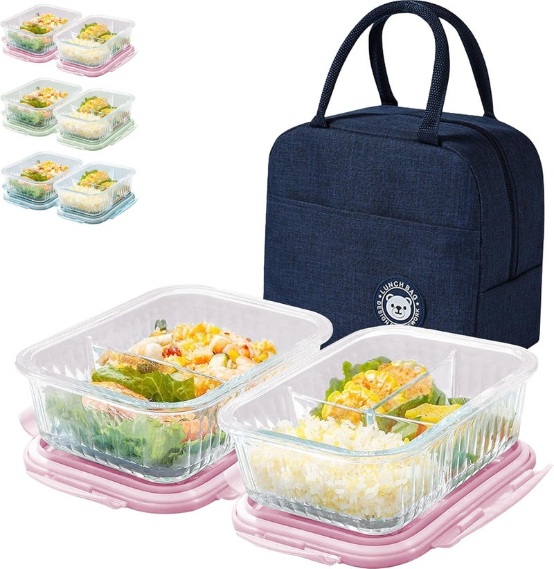YumLock Glass Food Storage Containers with Lunch Bag, 3 & 2 Compartments, Meal Prep Container Microwave Safe with Lids - Pantry & Kitchen Storage, Lunch Containers for Kids & Adults, Bento Box, Pink - Image 1