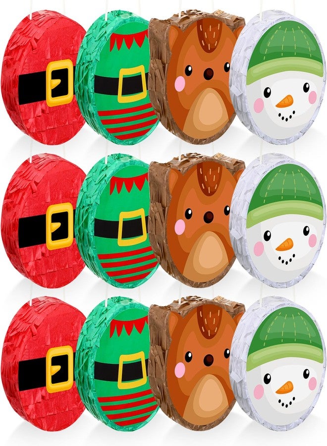 Liliful 12 Pcs Mini Christmas Piñata Bulk Small Xmas Santa Claus Snowman Elk Tree Decor Christmas Mexican Piñata for Birthday Holiday Decoration, 4 x 4 x 1.5'' - Image 1