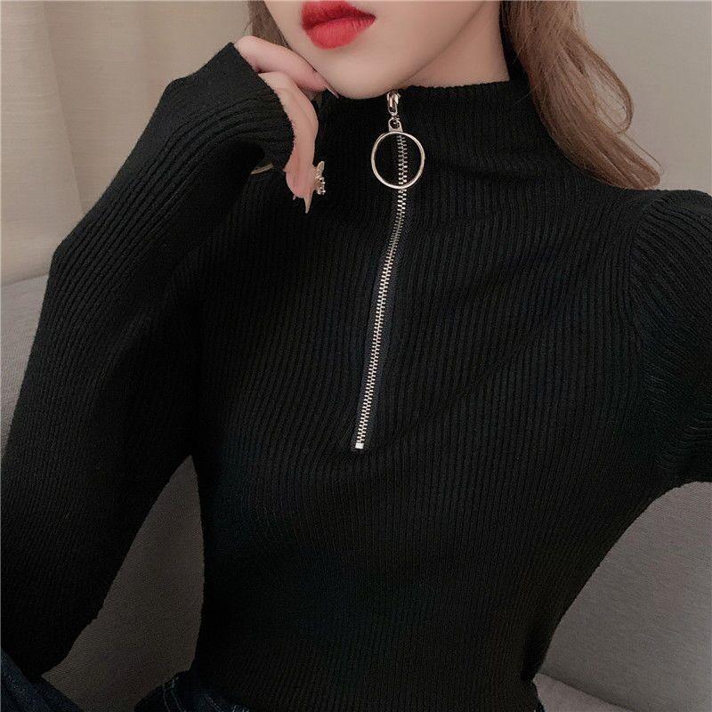Autumn and Winter Black Half High Collar Base Shirt Womens 2023 New Slim-fit All-match Long-sleeved Inner Knitted Sweater Top Trendy Black (Ring Zipper)
