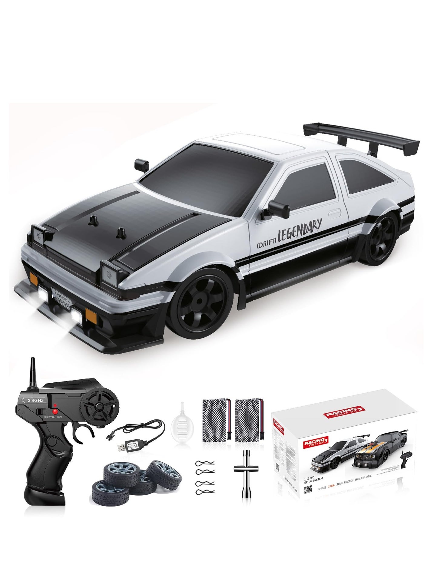 Remote Control Car RC Drift Car, 1:16 Scale 4WD 18KM/H High Speed Model Vehicle, 2.4GHz Racing Car with LED Lights & Spray Rubber Tire, includes 2Pcs Rechargeable Batteries for Adults Boys Girls Kids