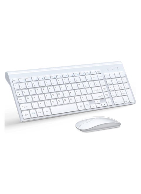 Wireless Keyboard and Mouse Ultra Slim Combo, 2.4G Silent Compact USB Mouse and Scissor Switch Keyboard Set with Cover, 2 AA and 2 AAA Batteries, for PC/Laptop/Windows/Mac - White