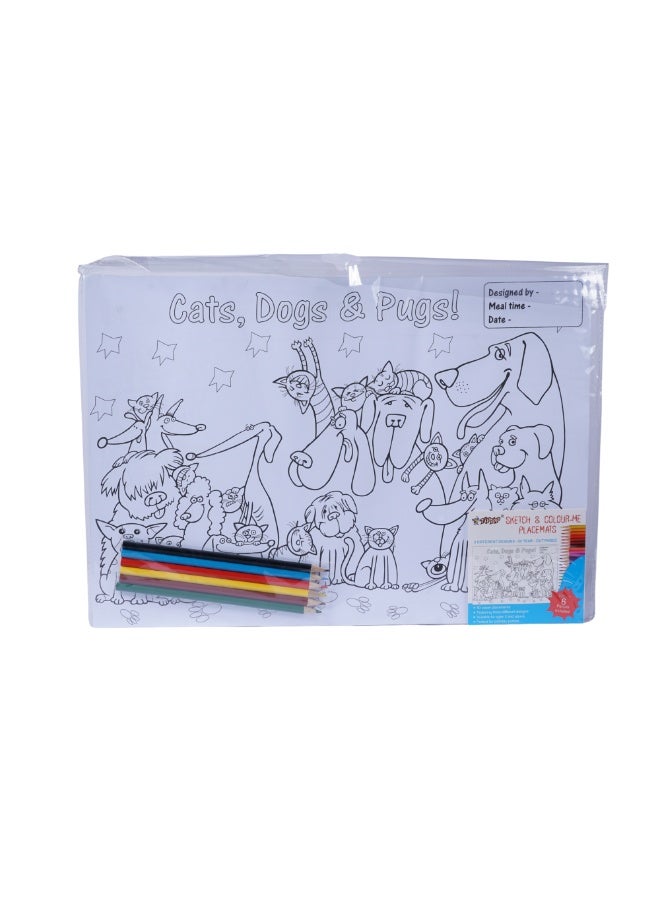 RE-USABLE Sketch & Colour Me Placemat - Cats, Dogs & Pugs! Coloring Activity Kit for Kids - Washable Silicone Mat with 8 Pencils