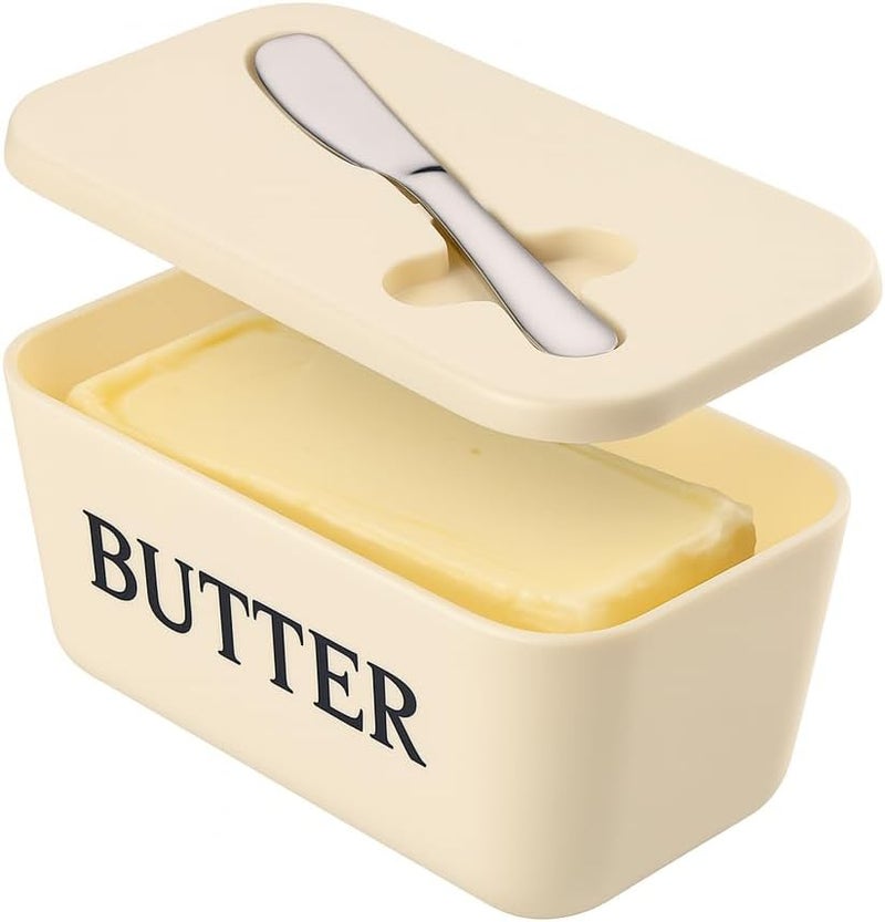 Dehov Butter Dish With Lid And Knife For Kitchen Coutertop,Food Grade PP Butter Holder With Cover And Stainless Steel Knife,Large White Butter Conainter - Image 1