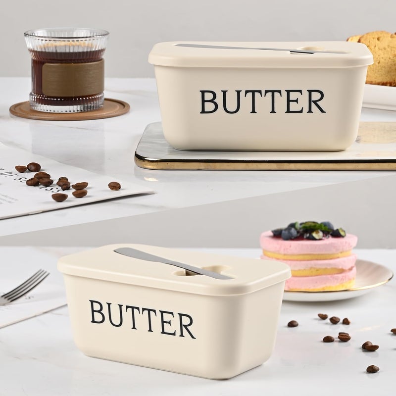 Dehov Butter Dish With Lid And Knife For Kitchen Coutertop,Food Grade PP Butter Holder With Cover And Stainless Steel Knife,Large White Butter Conainter - Image 2