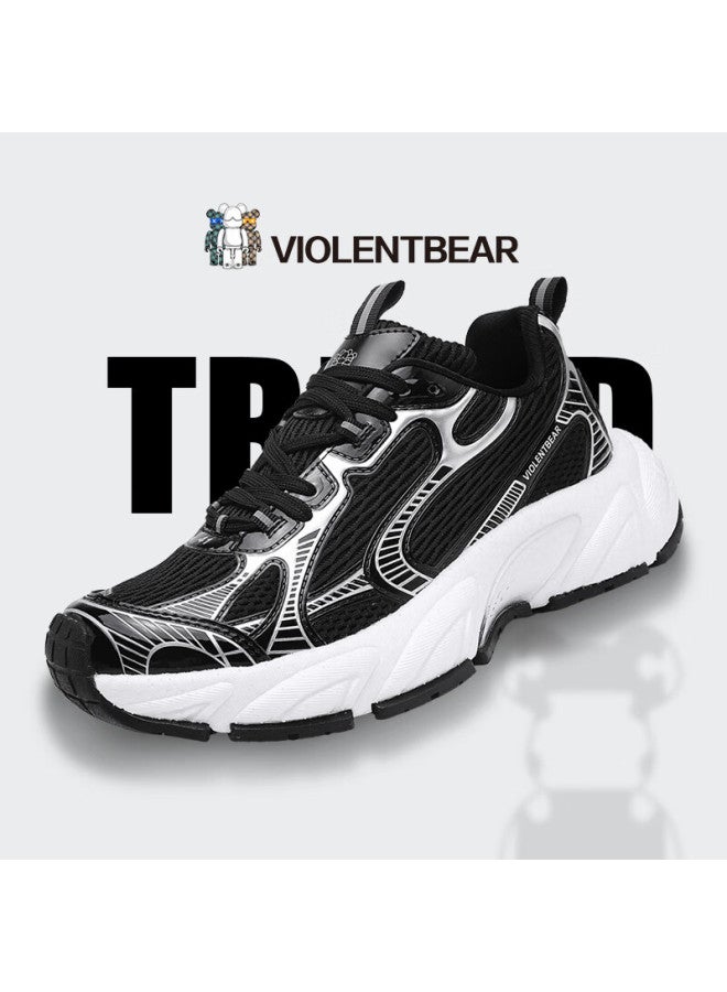 Violentbear Men's Casual Shoes Spring New Breathable Comfortable Lightweight Luxury Trendy Versatile Couple Soft Elastic Sole Black Silver Size 37