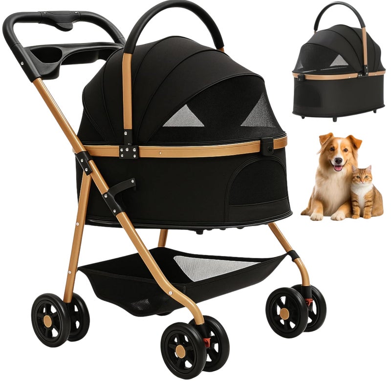 Velora Pet Stroller for Small Dogs & Cats, Foldable for Small/Medium Dog Cat to 50 lbs, Removable Carrier, Storage Basket, Cup Holder, 3-in-1 Multifunctional Detachable (Black) - Image 1