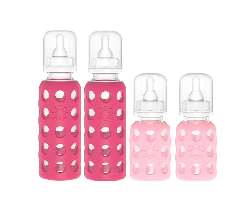 Lifefactory Glass Baby Bottle BPA Free Protective Silicone Sleeve 4 oz 9 oz Pack of 4 Pink Raspberry