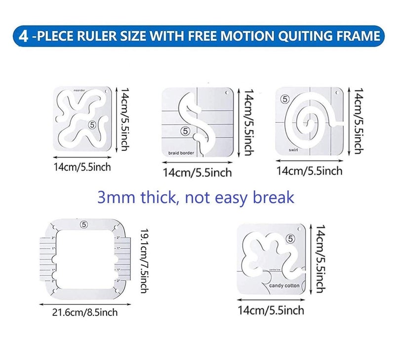 JFTOWN 5pcs Free Motion Quilting Template Rulers 4pcs Quilting Ruler 3mm with Quilting Frame for Domestic Sewing Machine with Low Shank Ruler add 48pcs Non-Slip Grips (C) - Image 2