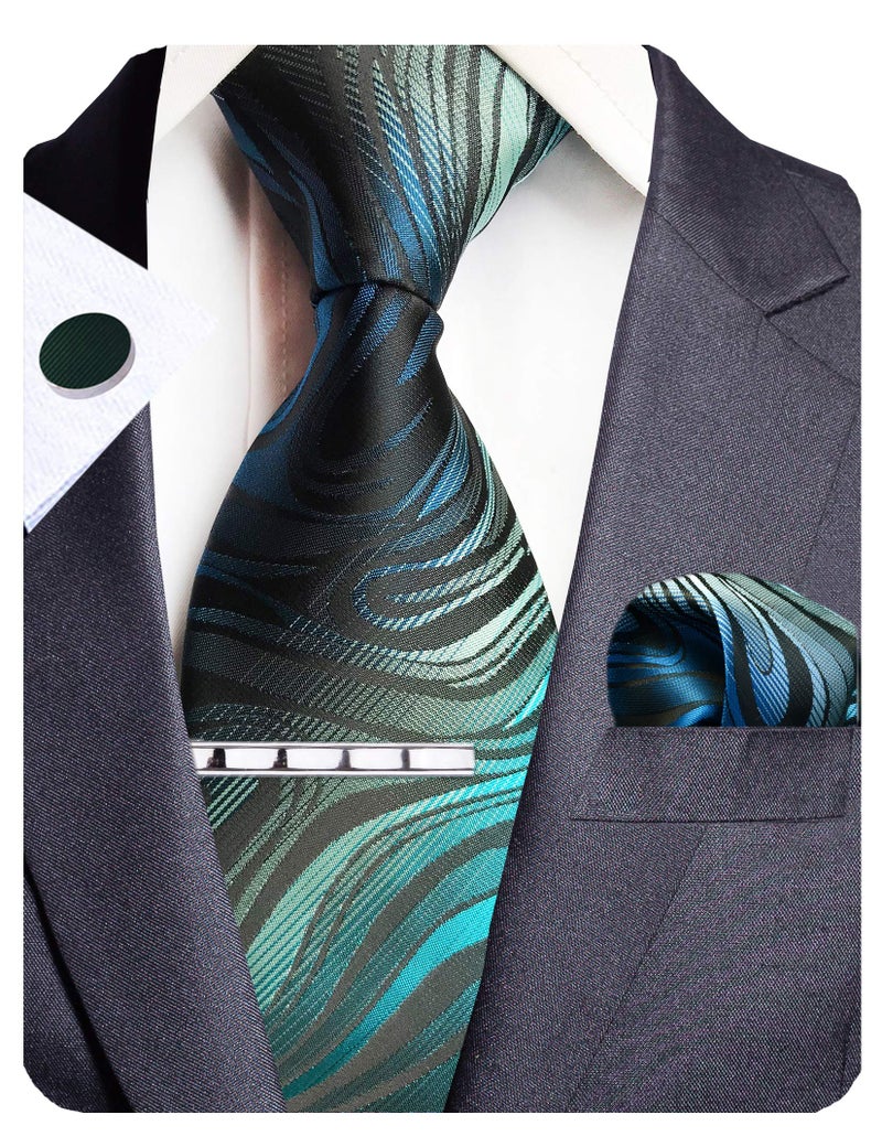 GUSLESON Striped Silk Ties for Men Business Green Blue Floral Tie Sets Necktie Clip and Pocket Square Cufflinks (6102-08) - Image 2