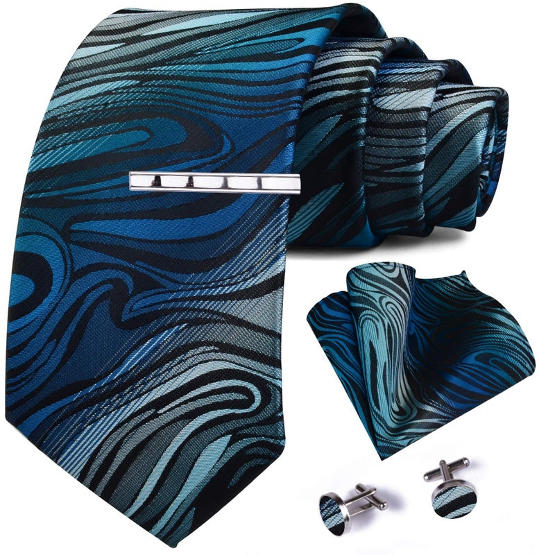 GUSLESON Striped Silk Ties for Men Business Green Blue Floral Tie Sets Necktie Clip and Pocket Square Cufflinks (6102-08) - Image 1