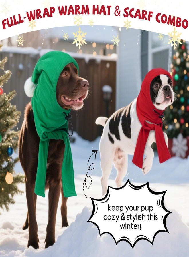 دينتران غطاء رأس للكلاب من دينترون مع وشاح - غطاء أذن من الصوف الدافئ للكلاب متوسطة الحجم، زي عيد الميلاد قابل للتعديل مع كرة صوفية، أحمر (مقاس متوسط: محيط الرأس من 10 إلى 13 بوصة) - Image 2