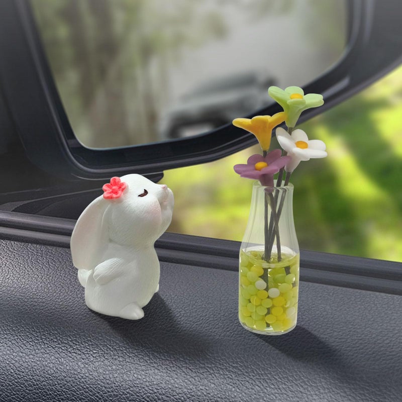 OYIXIO Cute Rabbit and Daisy Vase Car Decoration, Fun Interior Decoration Accessory for Rearview Mirrors and Dashboard, Suitable for Women's Kawaii Cars Gifts - Image 3