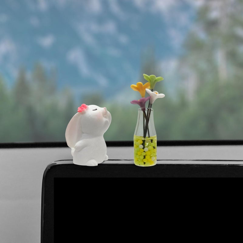 OYIXIO Cute Rabbit and Daisy Vase Car Decoration, Fun Interior Decoration Accessory for Rearview Mirrors and Dashboard, Suitable for Women's Kawaii Cars Gifts - Image 2