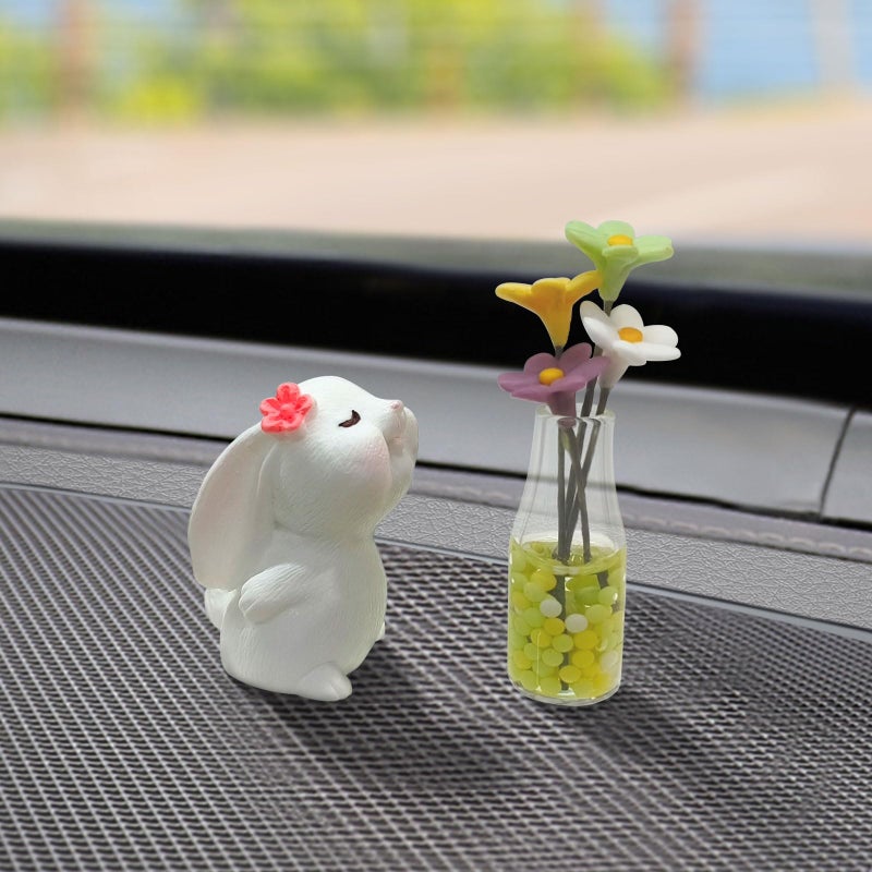 OYIXIO Cute Rabbit and Daisy Vase Car Decoration, Fun Interior Decoration Accessory for Rearview Mirrors and Dashboard, Suitable for Women's Kawaii Cars Gifts - Image 1