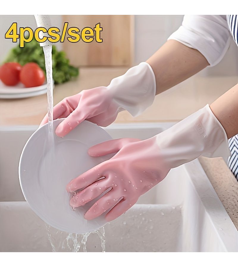 Pink Household Dishwashing Gloves 4pcs 2 Pairs Durable Thickened Wear Resistant Cleaning Gloves Extended Length For Kitchen Laundry - Image 1